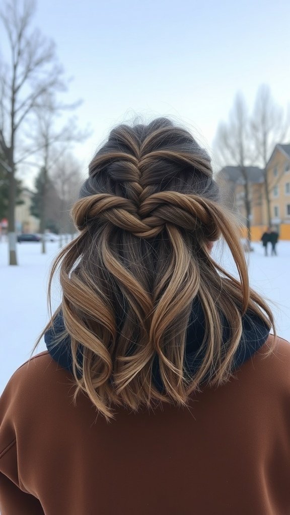 A woman with a braided half-up hairstyle, showing loose waves and a winter background.