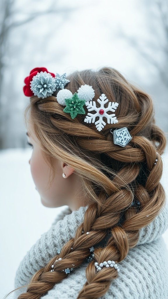 A close-up of a braided hairstyle decorated with festive accessories like snowflakes and pom-poms.