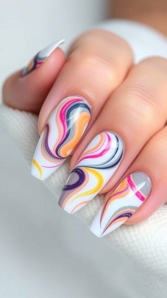 Short acrylic nails with abstract art designs featuring colorful swirls and lines.