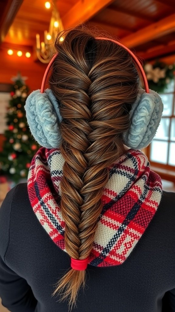 A fishtail braid hairstyle with cozy earmuffs and a plaid scarf, set in a warm winter environment.