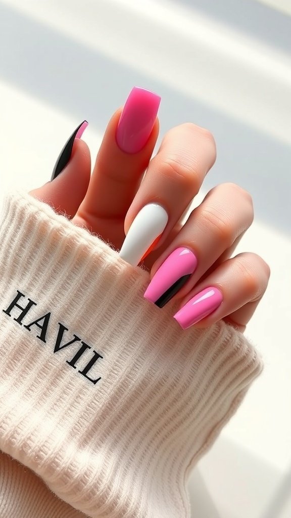 Short square acrylic nails with bold color blocking in pink, white, and black.
