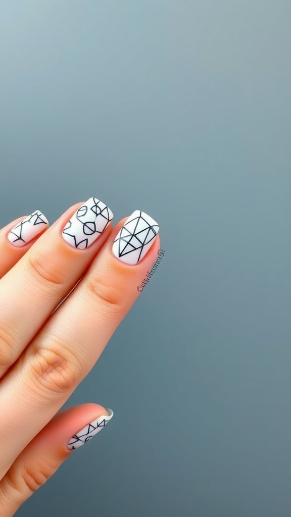 Close-up of short acrylic nails with geometric patterns in black on a white background.