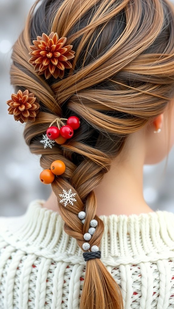 A classic French braid adorned with pinecone clips, colorful beads, and snowflake charms, styled on a woman wearing a cozy sweater.