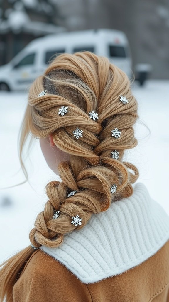 A close-up of a Dutch braid adorned with silver hair accessories, set against a snowy background.