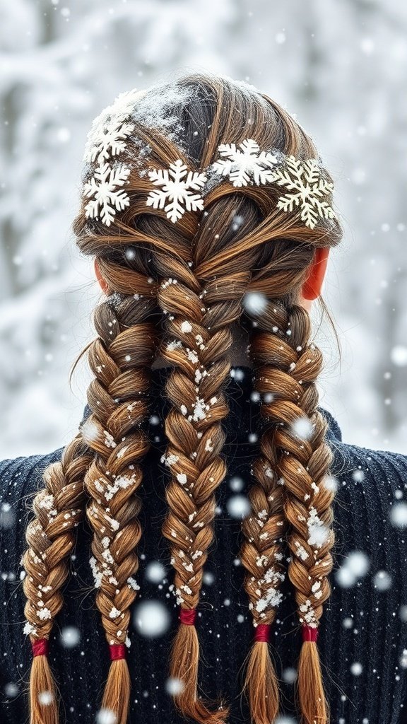 A woman with multiple textured braids decorated with snowflake hair accessories, set against a snowy background.