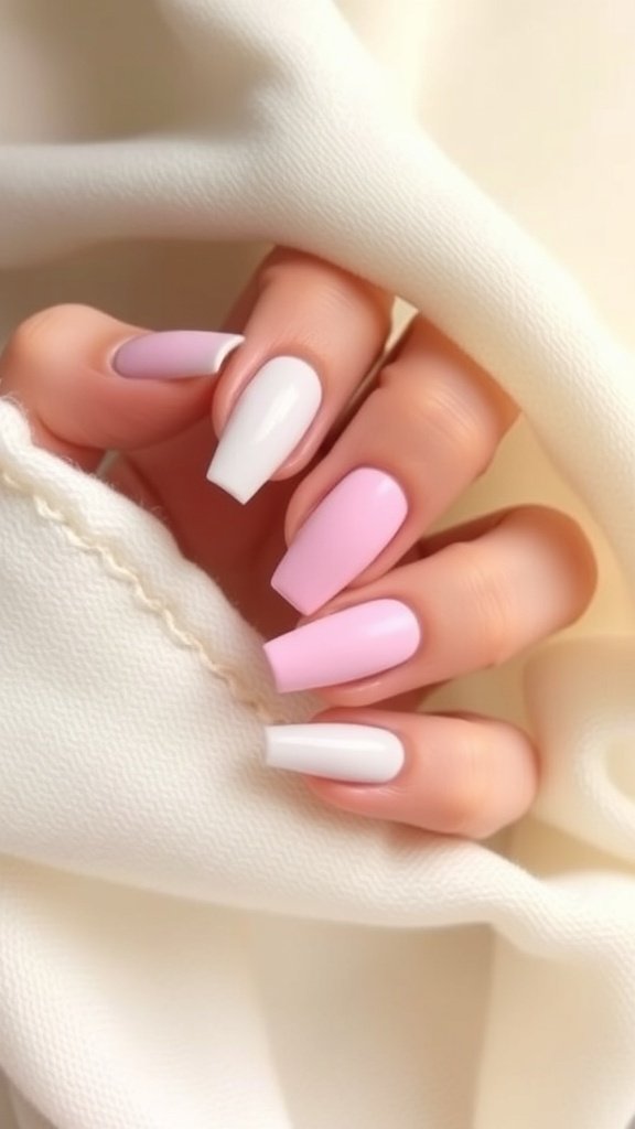 Short square acrylic nails with a matte finish in pastel shades of pink and lavender.