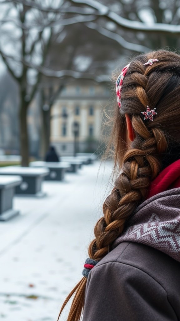 A woman with a braided headband hairstyle, decorated with clips, standing in a snowy park.
