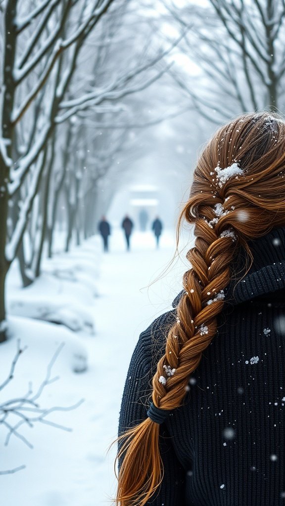 A close-up of a fishtail braid with snowflakes on the hair, set against a snowy background.