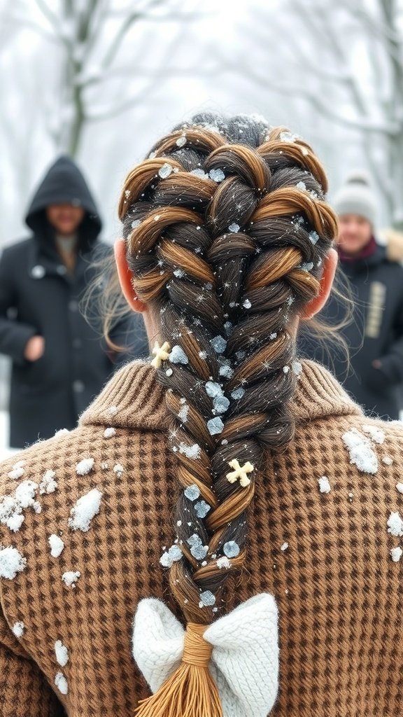 A layered braid with winter accessories, featuring snowflakes and a bow, set against a snowy backdrop.