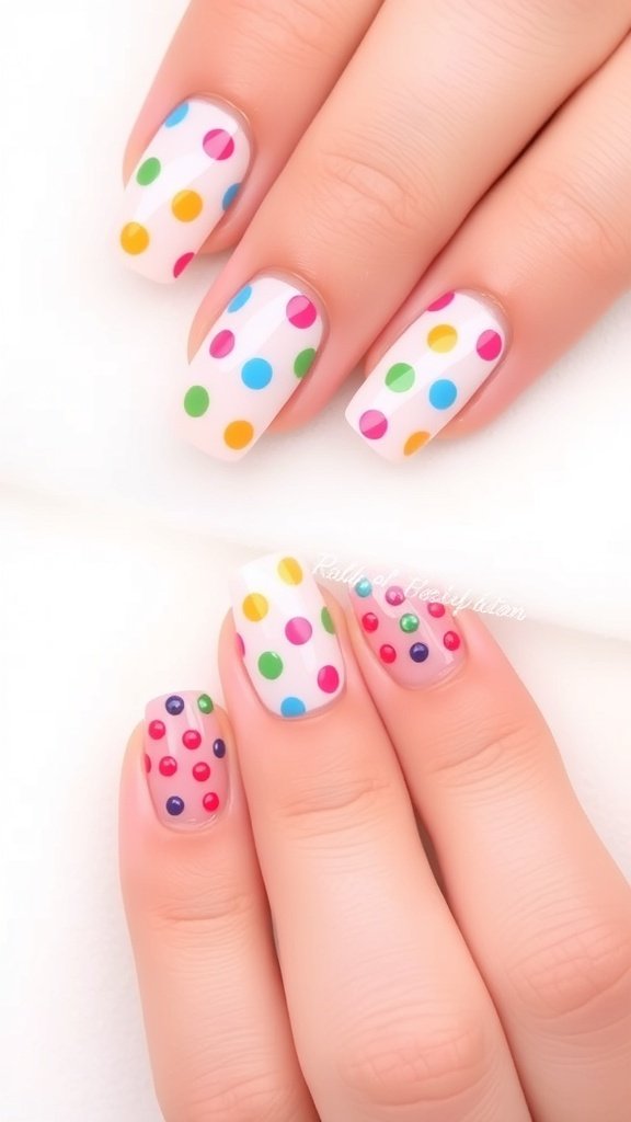 A close-up of cute short acrylic nails featuring whimsical polka dots in various colors.