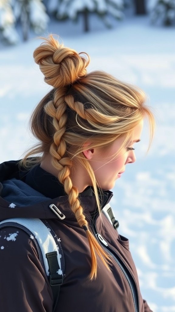 A woman with a messy bun and braided accents, set against a snowy background.