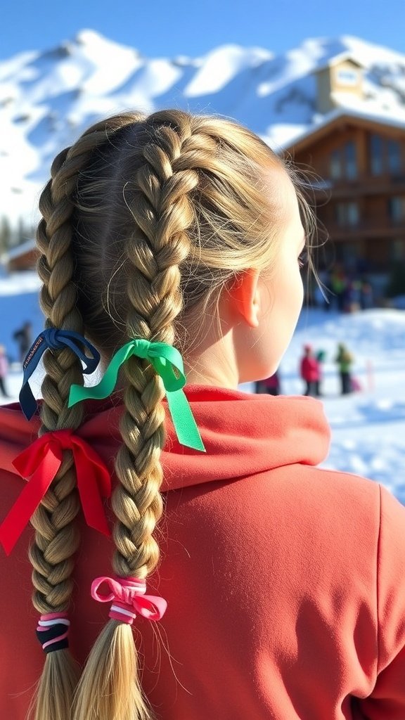 A girl with two braids decorated with colorful hair ties, standing in a snowy ski resort.