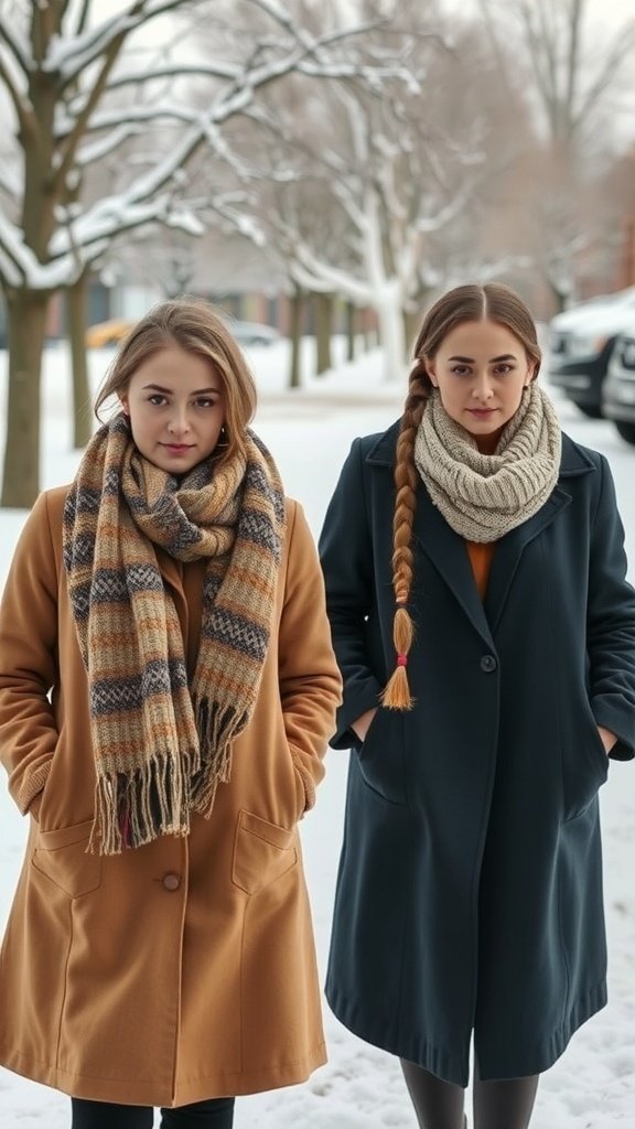 Two women in winter coats and chunky scarves standing in a snowy landscape.