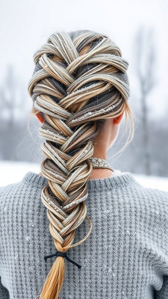 A layered braid with frosty effects, showcasing a mix of blonde and brown hair, styled beautifully against a winter backdrop.