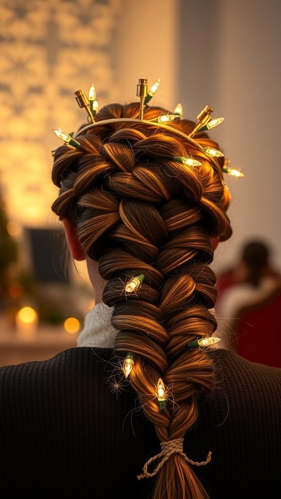 A crown braid hairstyle decorated with twinkling lights, perfect for holiday gatherings.