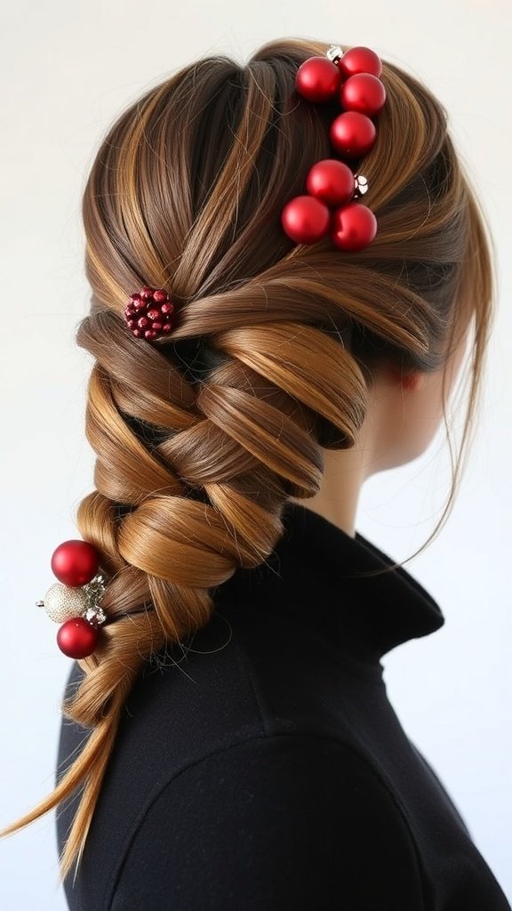 A stylish braided side bun decorated with red ornaments, perfect for holiday parties.