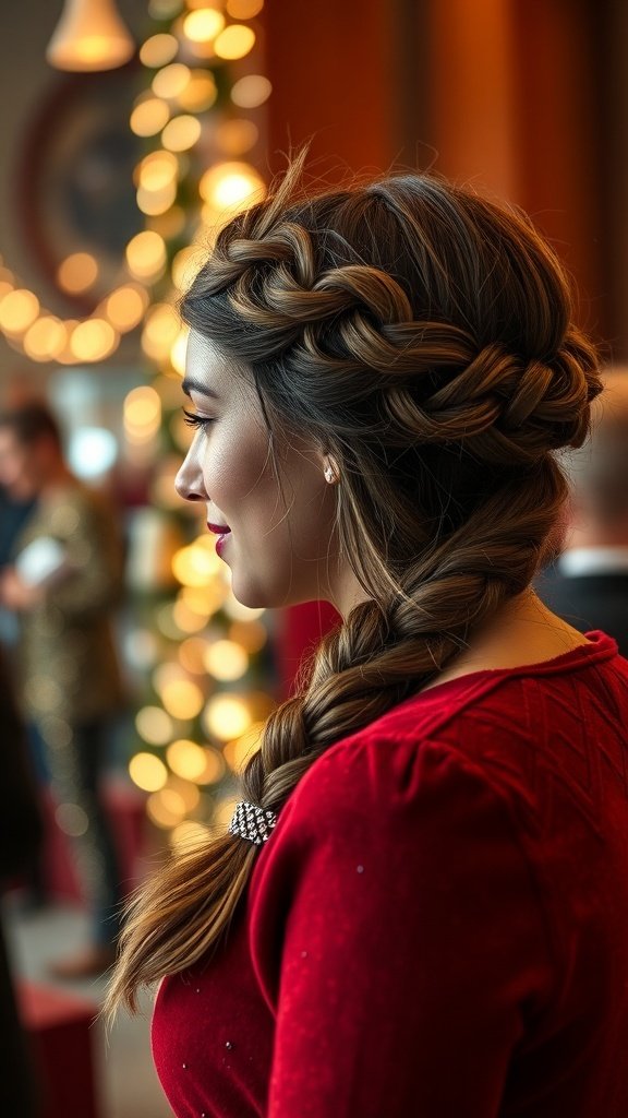 A woman with a braided crown hairstyle, wearing a red outfit, set against a festive background with lights.