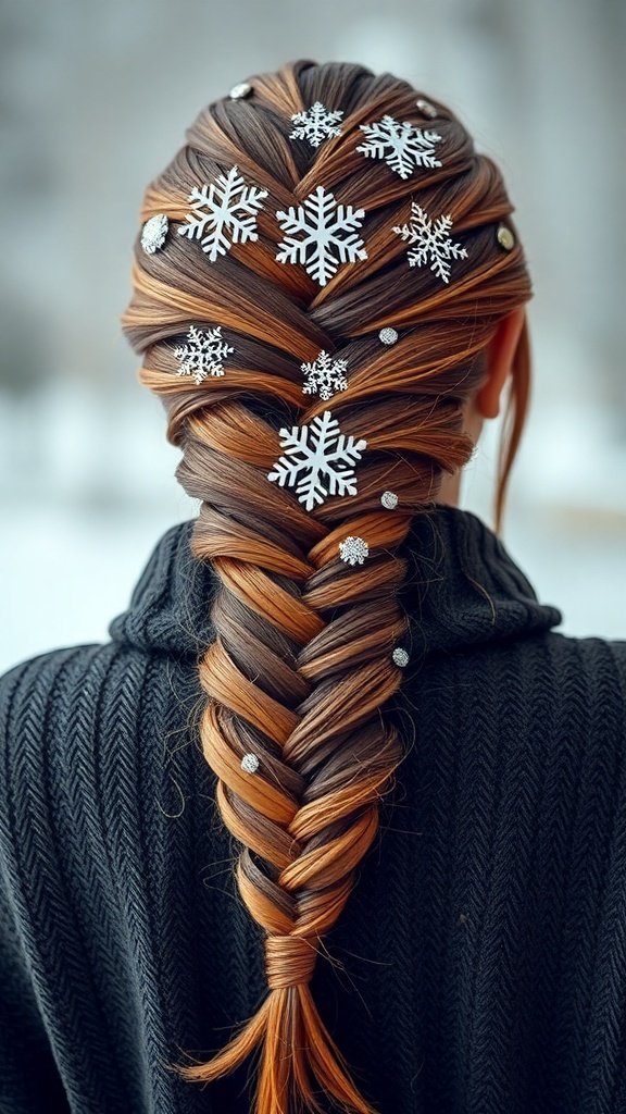 A cozy fishtail braid decorated with snowflake clips, showcasing a warm winter hairstyle.