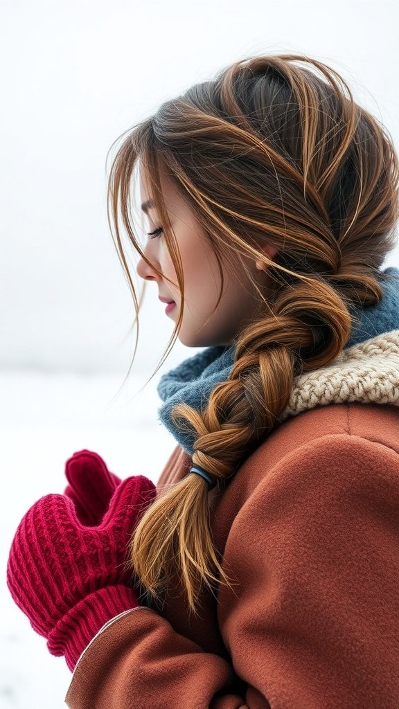 A woman with a messy side braid, wearing a cozy coat and red mittens in a winter setting.