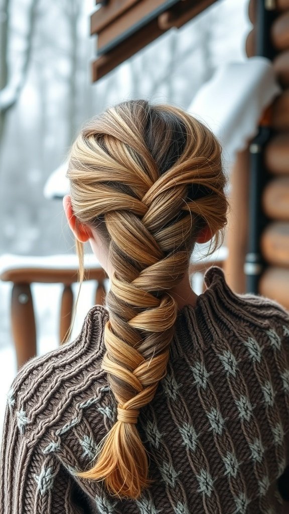 A close-up of a classic French braid hairstyle on a person wearing a cozy sweater, with a snowy background.