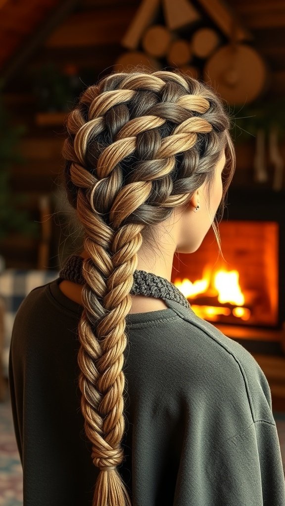 A chunky rope braid hanging in front of a warm fireplace, showcasing a cozy winter hairstyle.