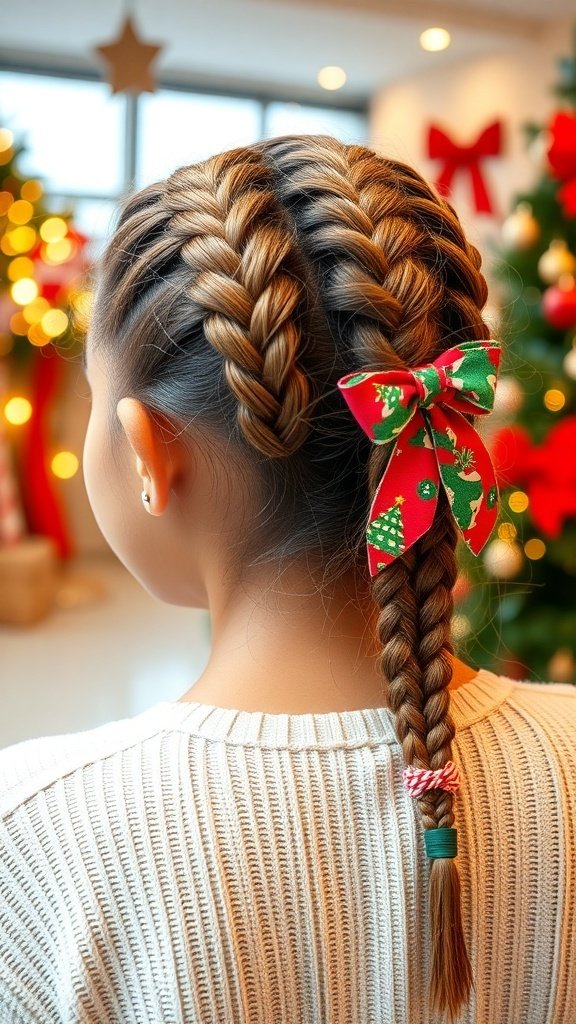 Close-up of double braids with holiday-themed hair ties, showcasing a festive hairstyle.