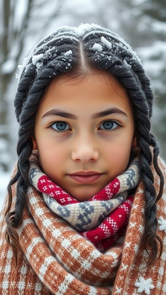 A young girl with braided twists and a cozy scarf in a snowy setting.