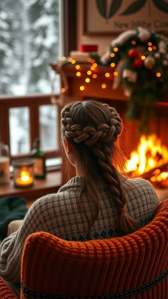 A woman with a braided crown hairstyle sitting in a cozy chair by a fireplace, with a snowy landscape visible through the window.