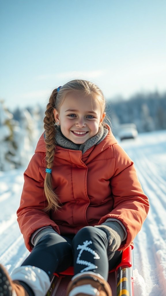 A smiling child with a braided ponytail sitting on a sled in the snow, wearing an orange jacket.