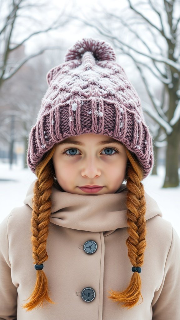 A young girl with double braids wearing a pink knitted beanie in a snowy park.