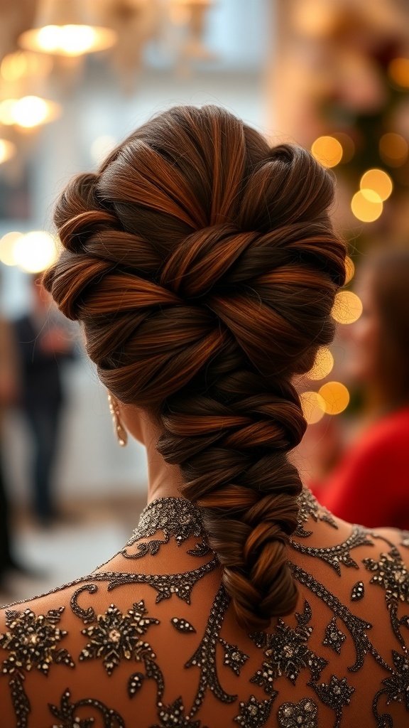 A beautiful braided updo hairstyle, showcasing intricate braids and warm hair tones, perfect for formal occasions.