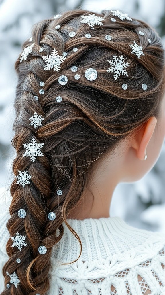 A close-up of a braided hairstyle adorned with snowflake and rhinestone hair accessories.