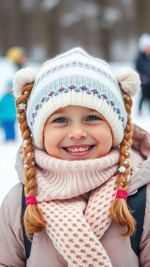 A smiling child with braided pigtails, wearing a winter hat and scarf in a snowy setting.