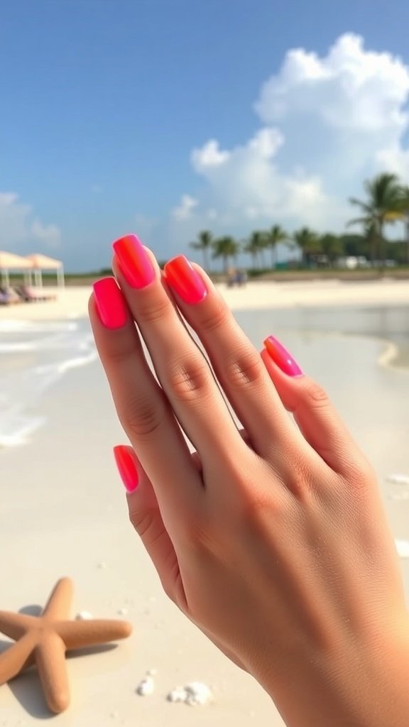 Short square acrylic nails in bright neon colors including pink, yellow, and blue, set against a summer background.