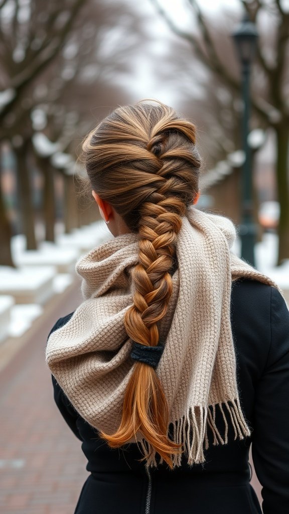A woman with a braided ponytail wearing a chunky scarf, walking in a winter setting.