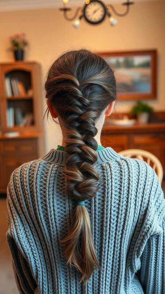A woman with a messy braid wearing a cozy knit sweater, viewed from the back.