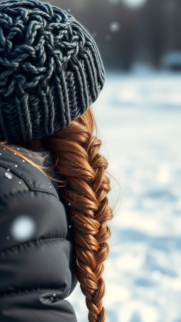 A close-up of a textured braid and a knitted beanie against a snowy background.