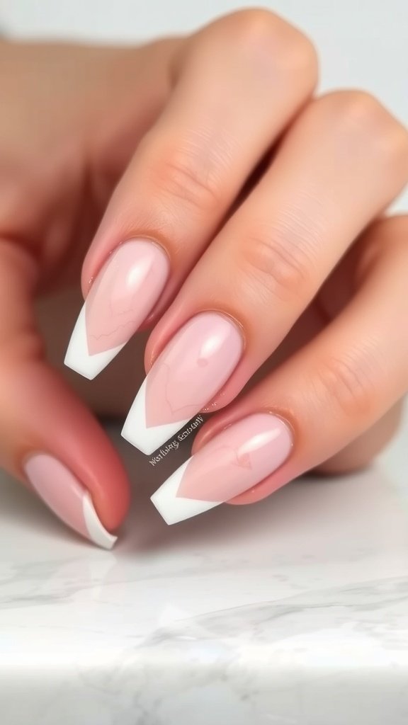 A hand with short acrylic nails featuring marble effect French tips on a marble background.