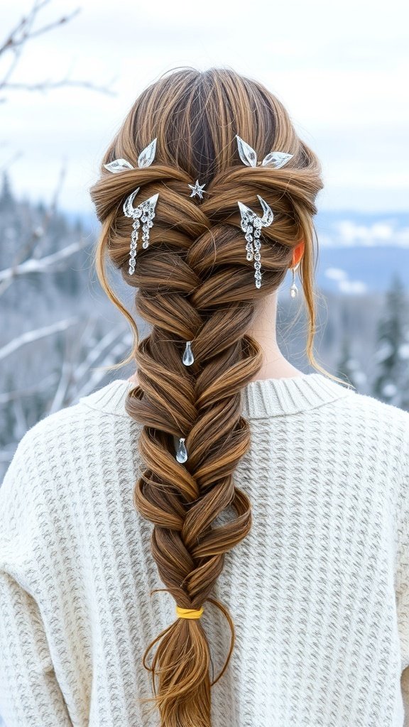 A waterfall braid adorned with icicle accents, set against a snowy background.