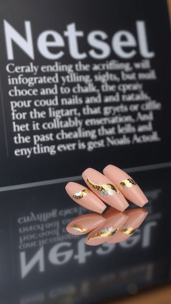 Short almond acrylic nails with metallic foil accents on a reflective surface.