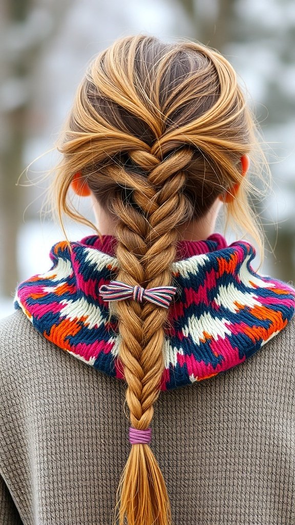 A close-up of a messy braid styled with colorful knit accessories, showcasing a relaxed winter look.
