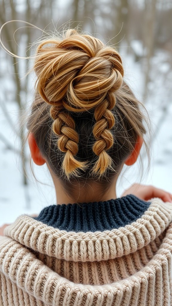 A woman with a messy bun and two braided accents, set against a snowy background.