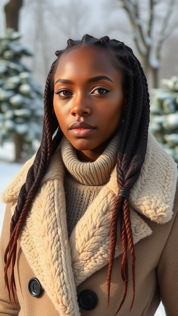 A person with chunky braids wearing a warm coat and sweater in a snowy setting.