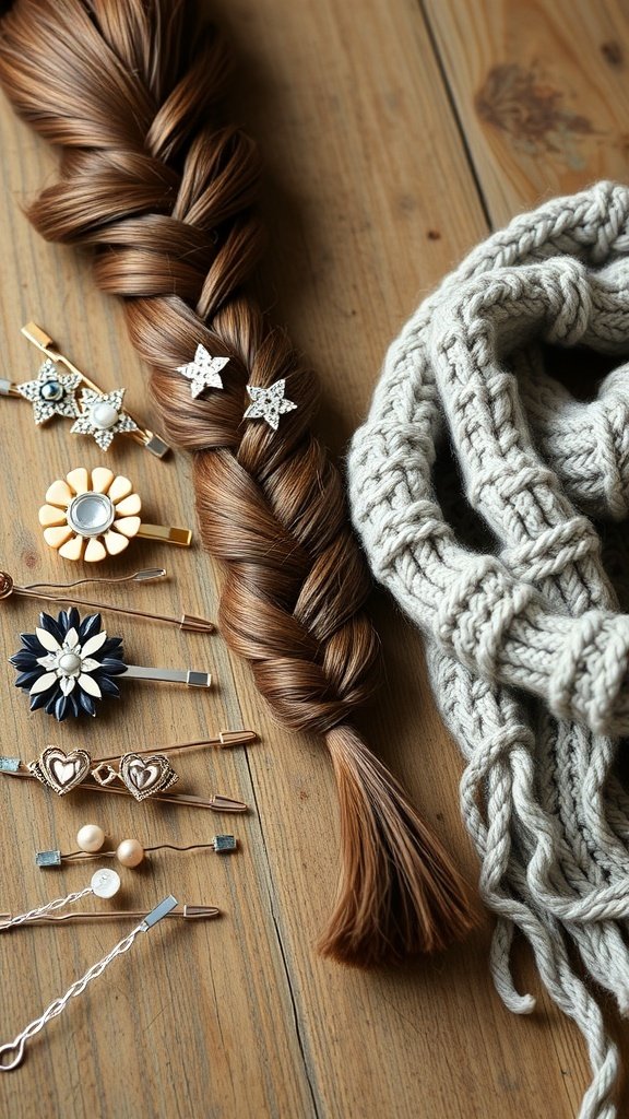 A braid decorated with various hairpins next to a chunky knitted scarf on a wooden surface.