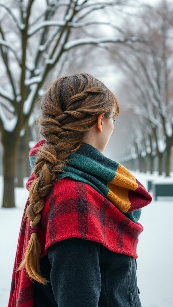 A woman with a side braid wearing a colorful winter scarf, standing in a snowy landscape.