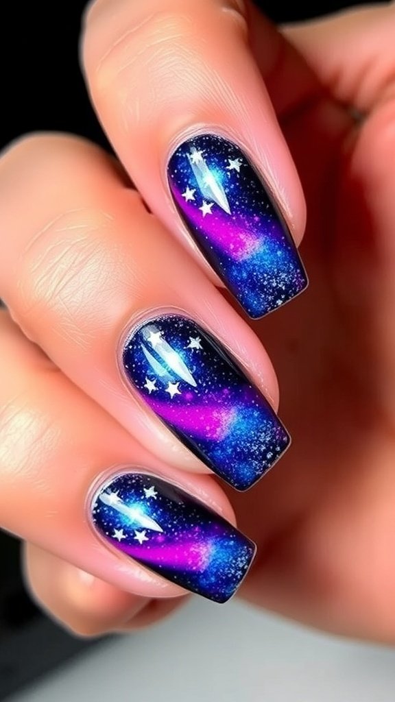 Cute short acrylic nails with a galaxy design featuring deep blue and purple hues, and tiny white stars.