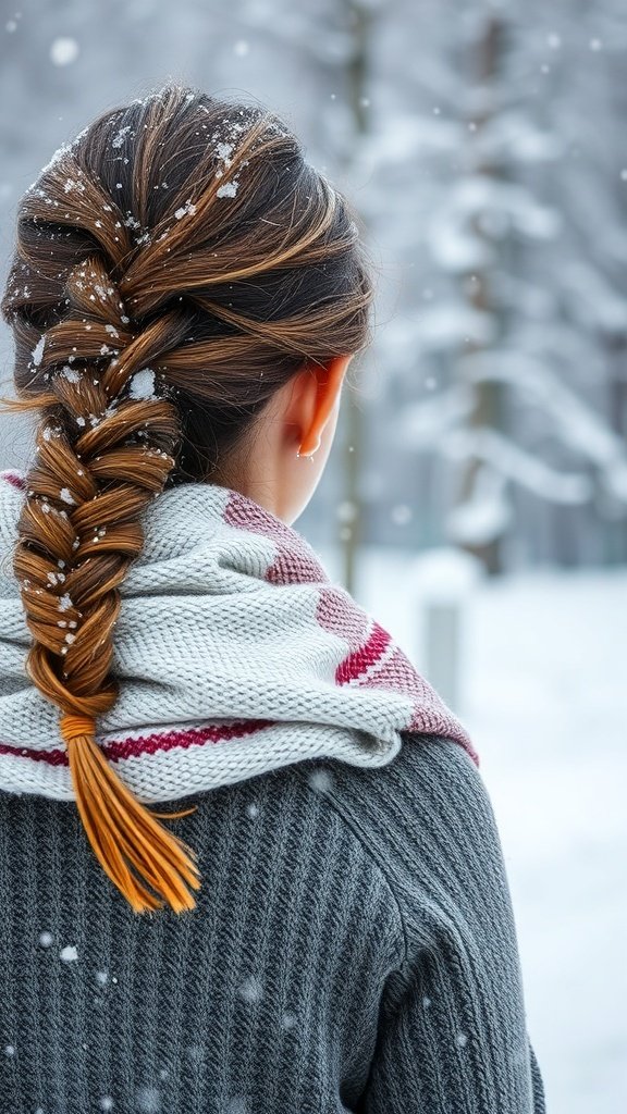A woman with a braided ponytail wearing a winter scarf in a snowy setting.