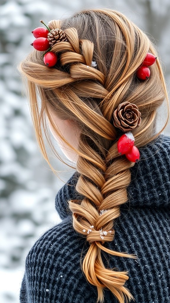 A side braid adorned with red berries and a pinecone, set against a snowy background.