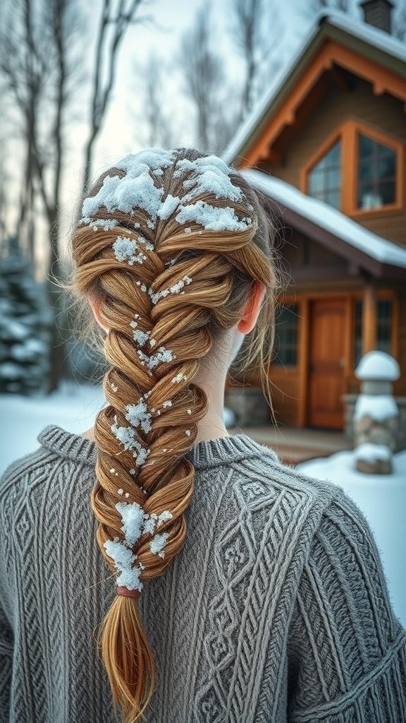 A woman with a braided hairstyle adorned with snow, wearing a cozy sweater, with a winter landscape in the background.