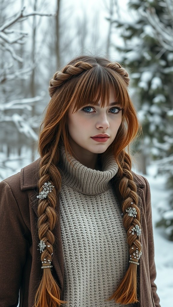 A woman with braided hair styled in two long braids, wearing a cozy turtleneck sweater, set against a snowy winter background.